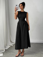 Minimalist Black Sleeveless A-Line Dress with Corset-Style Side Lacing Detail