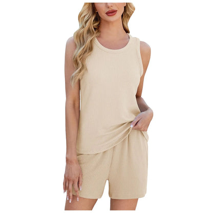 Ribbed Sleeveless Top and Drawstring Shorts Casual Co-Ord Set