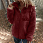 Women's Plush Teddy Fleece Zip Jacket with Relaxed Hooded Everyday Comfort Style