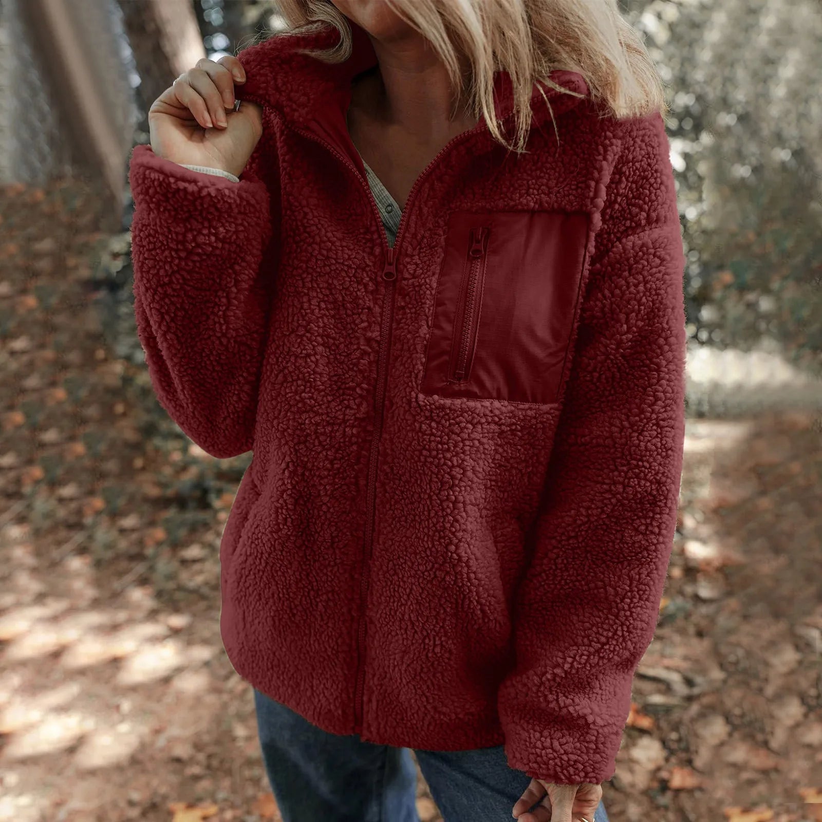 Women's Plush Teddy Fleece Zip Jacket with Relaxed Hooded Everyday Comfort Style