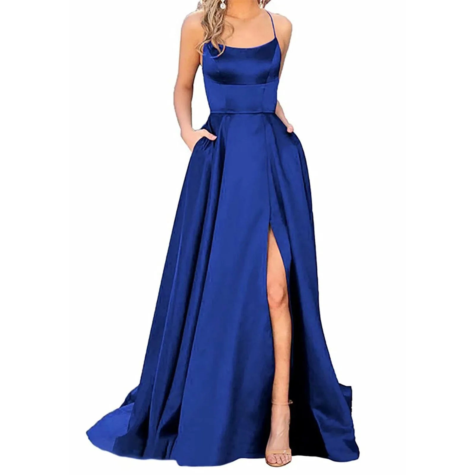 Spaghetti Strap Maxi Dress with Open Back Design and Side Slit Detail