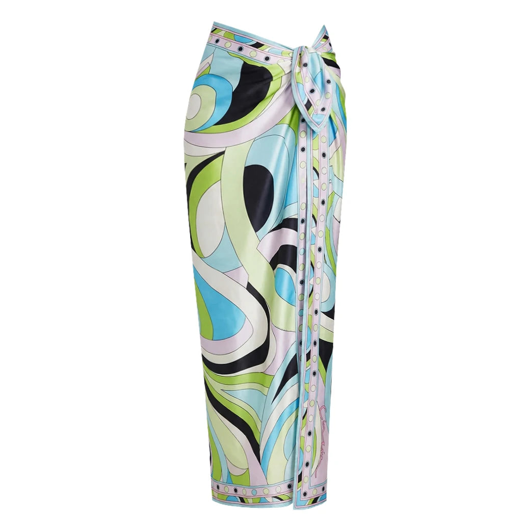 Retro Swirl Print Bandeau Swim Set with Matching Cascading Sarong