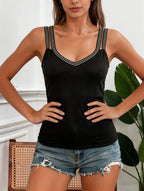 Double Strap V-Neck Tank Top with Rhinestone Trim Slim Fit Streetwear Camisole Style