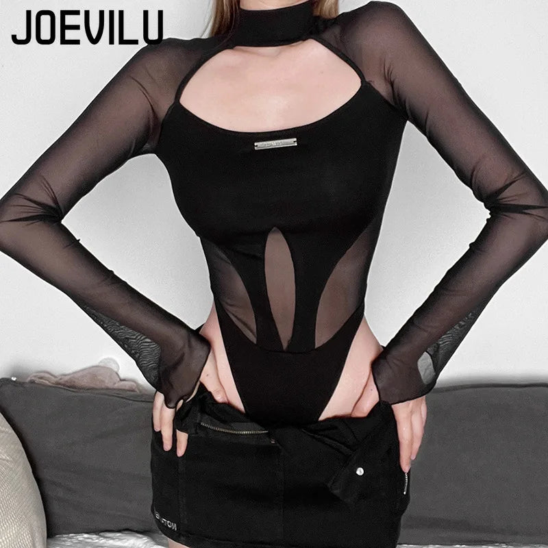 Mesh Long Sleeve Cutout Bodysuit for Gothic Alternative and Dark Aesthetic Fashion