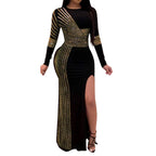 Metallic Stripe Cutout Gothic Eveningwear Bodycon Maxi Dress