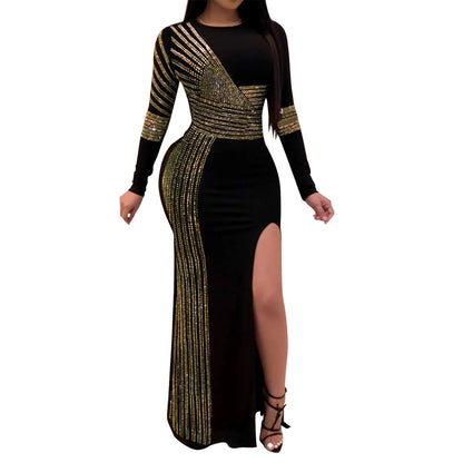 Metallic Stripe Cutout Gothic Eveningwear Bodycon Maxi Dress