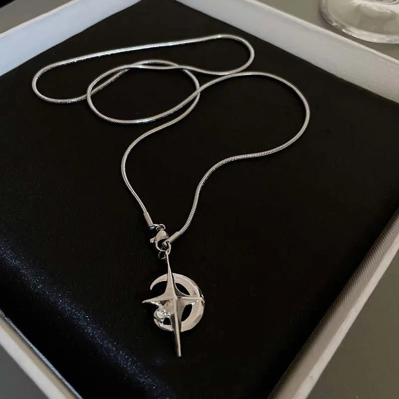 Celestial Crescent Moon and Star Pendant Necklace for Alternative Fashion