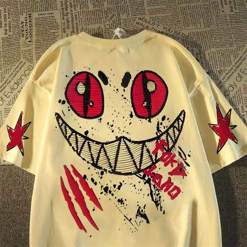Oversized Graffiti Smile Graphic Cotton T-Shirt with Street Art Inspired Design