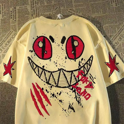 Oversized Graffiti Smile Graphic Cotton T-Shirt with Street Art Inspired Design