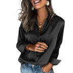 Classic Solid Black Satin-Finish Button-Down Blouse with Straight Silhouette