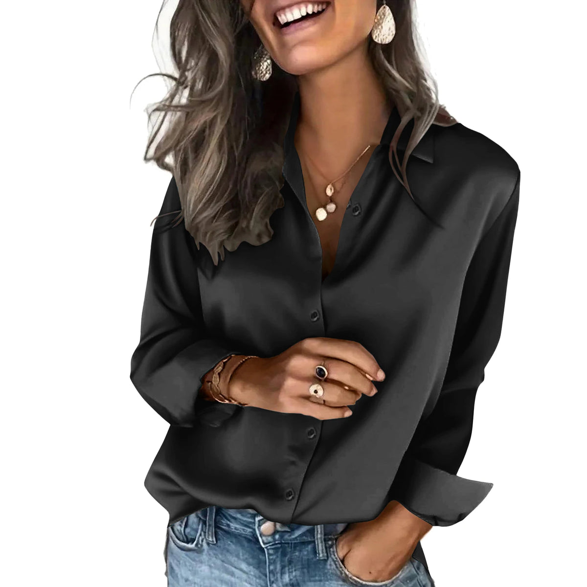Classic Solid Black Satin-Finish Button-Down Blouse with Straight Silhouette