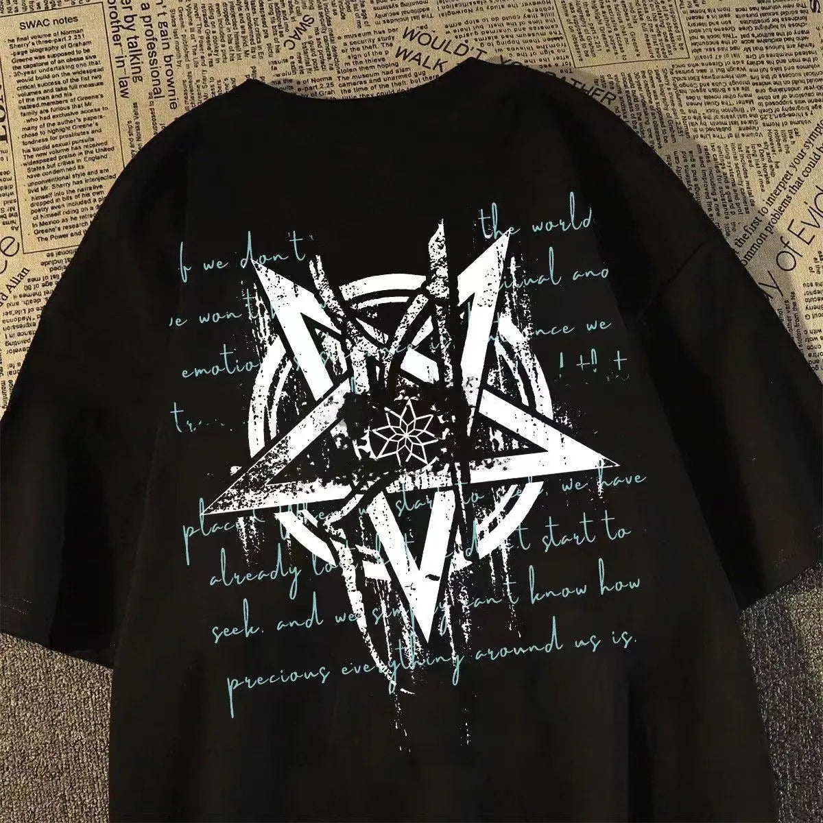 Oversized Geometric Star Graphic Cotton T-Shirt with Alternative Streetwear Design