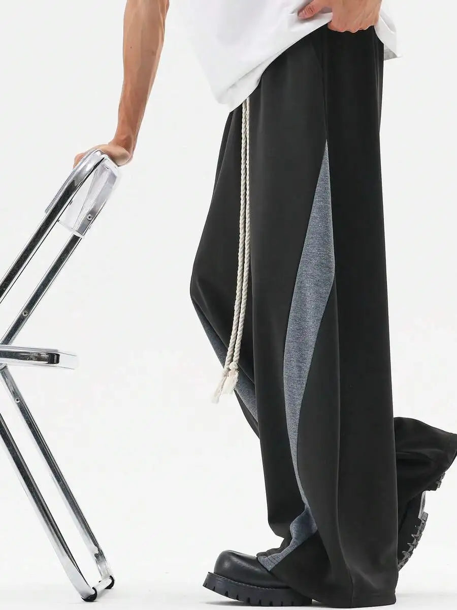 Men's Wide Leg Drawstring Sweatpants with Contrast Panel Design and Relaxed Fit