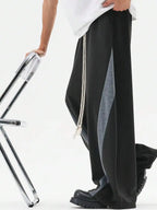 Men's Wide Leg Drawstring Sweatpants with Contrast Panel Design and Relaxed Fit