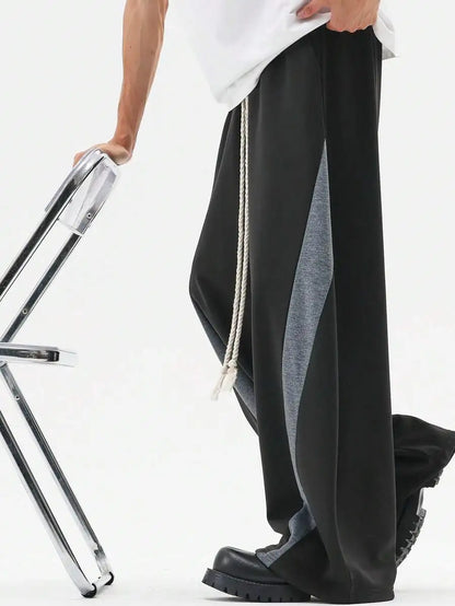 Men's Wide Leg Drawstring Sweatpants with Contrast Panel Design and Relaxed Fit