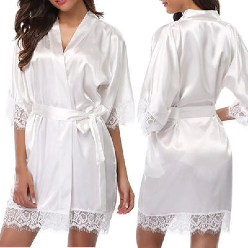 Vibrant Red Satin-Finish Lounging Robe with Delicate Scalloped Lace Trim