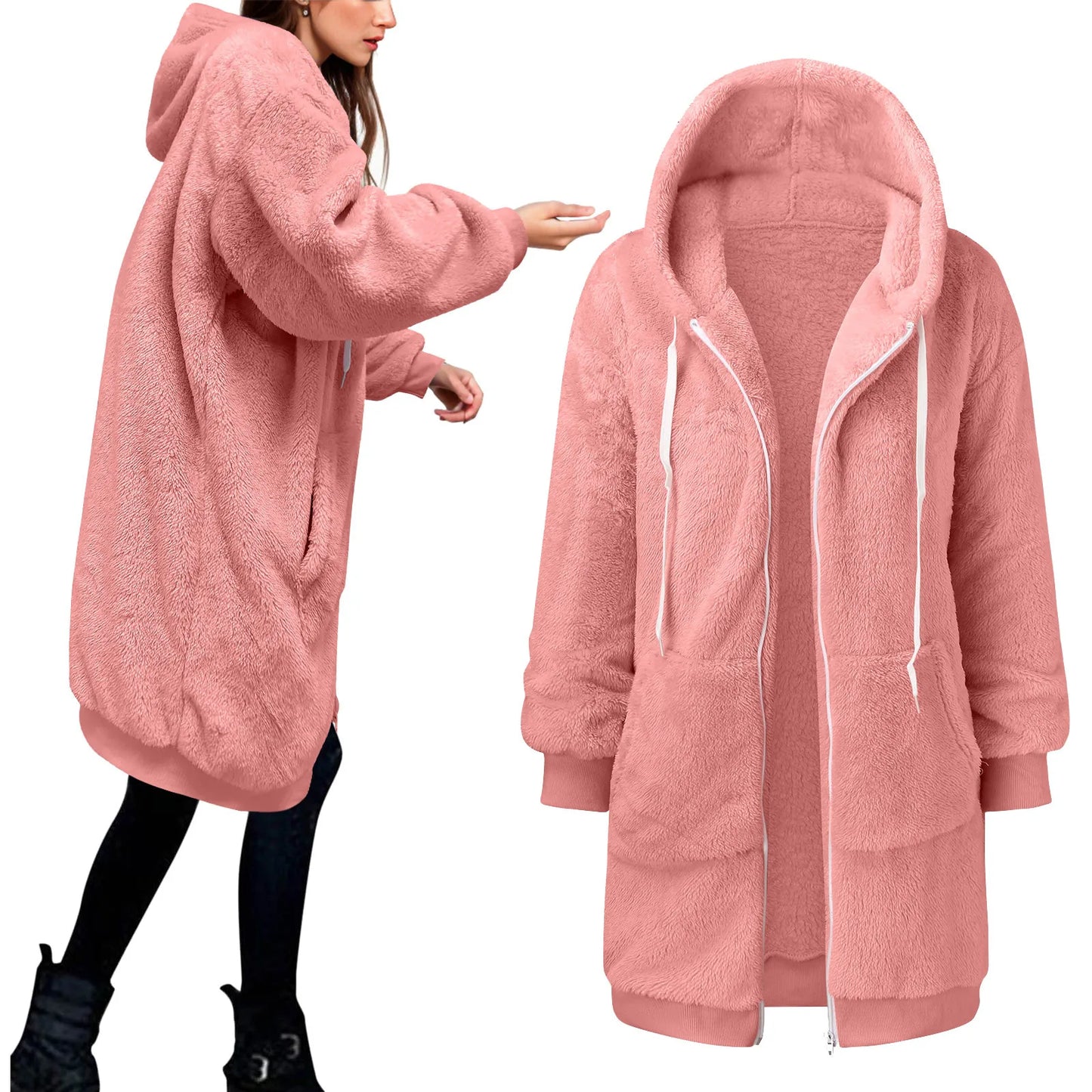 Women's Oversized Hooded Plush Fleece Zip Jacket for Cozy Streetwear Layering