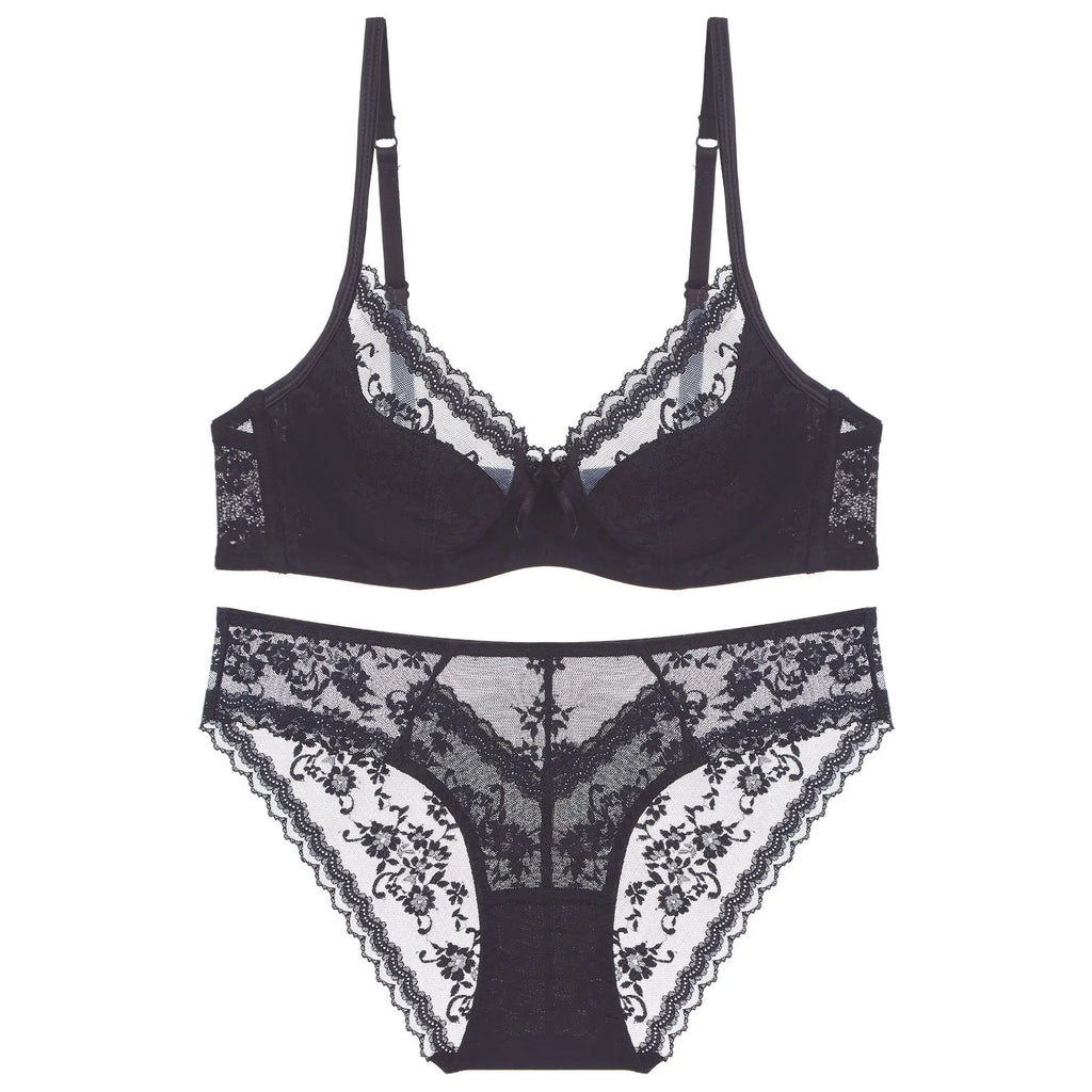 Elegant Scalloped Lace Plunge Bra and Panty Intimates Set