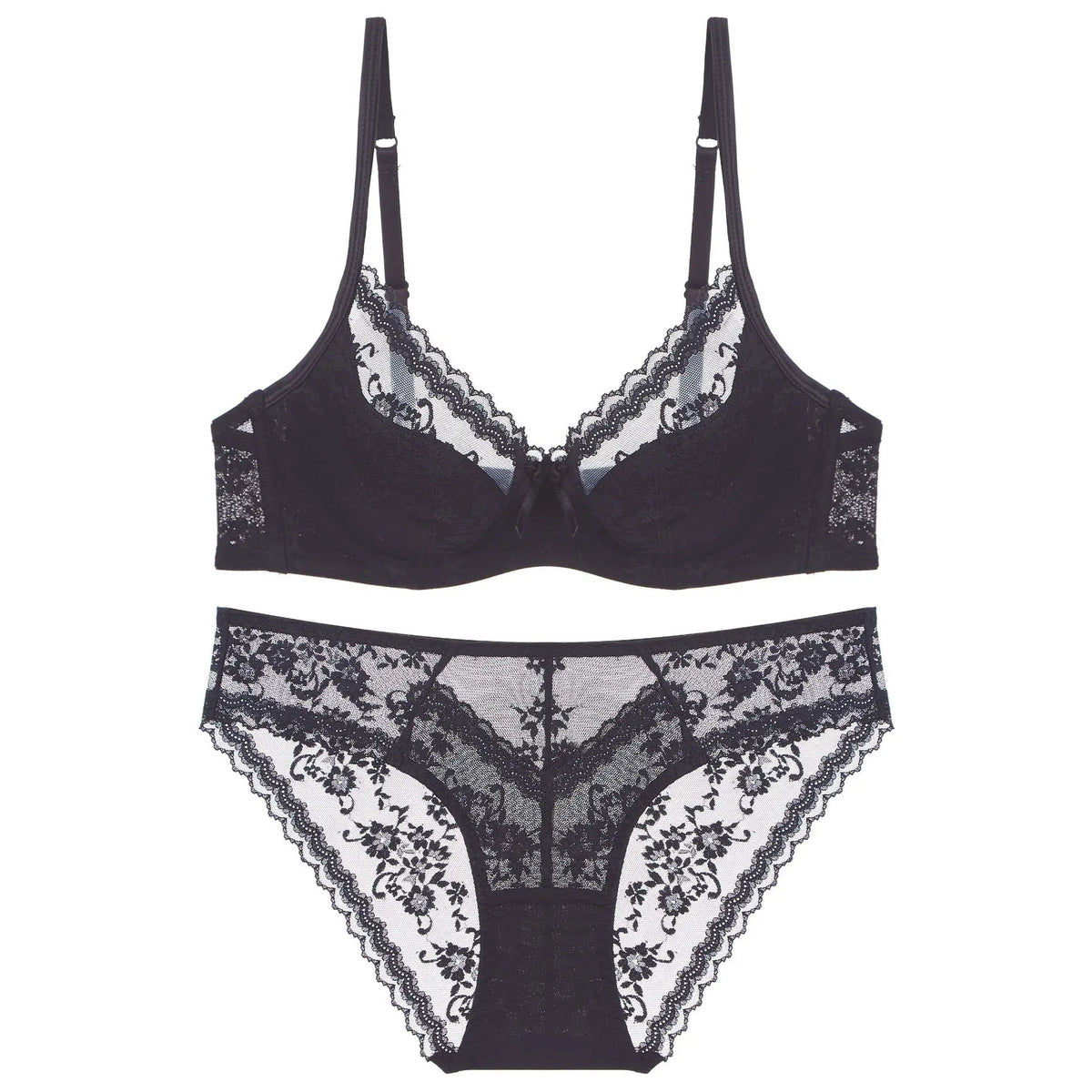 Elegant Scalloped Lace Plunge Bra and Panty Intimates Set