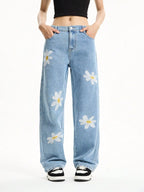 Women's Mid-Rise Loose Straight Leg Floral Embroidered Wide-Leg Denim Jeans for Casual Streetwear