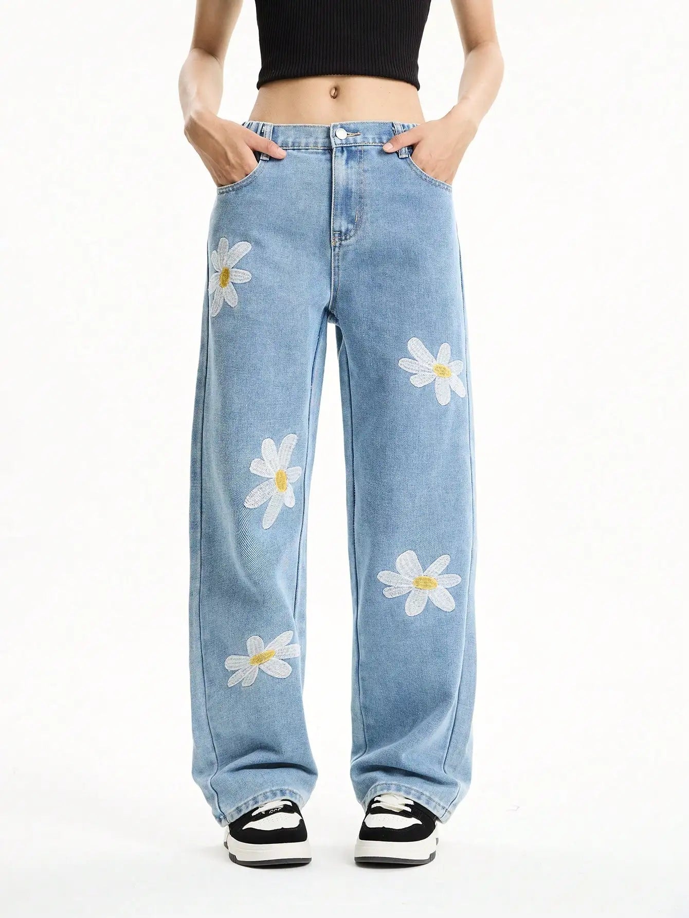 Women's Mid-Rise Loose Straight Leg Floral Embroidered Wide-Leg Denim Jeans for Casual Streetwear