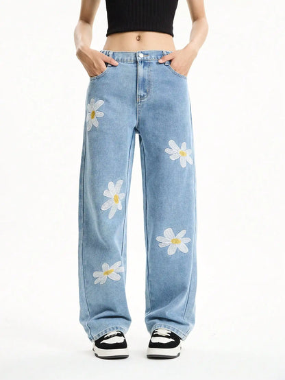 Women's Mid-Rise Loose Straight Leg Floral Embroidered Wide-Leg Denim Jeans for Casual Streetwear