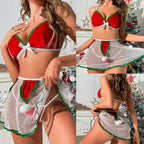 Festive Red and White Holiday Lingerie Set with Sheer Mesh Skirt