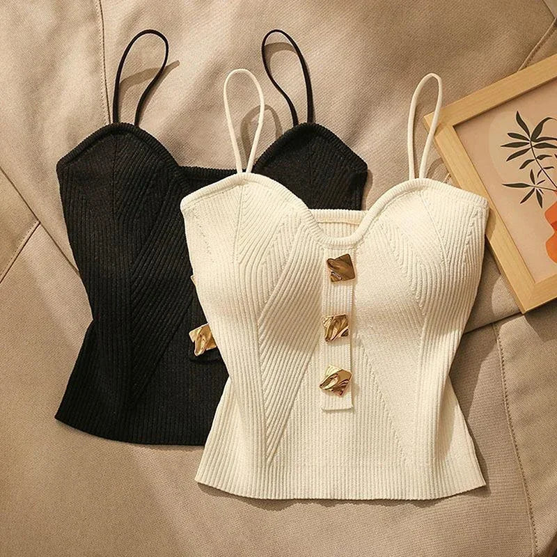 Ribbed Button Front Crop Top with Spaghetti Straps Contemporary Streetwear Style