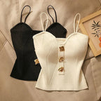 Ribbed Button Front Crop Top with Spaghetti Straps Contemporary Streetwear Style