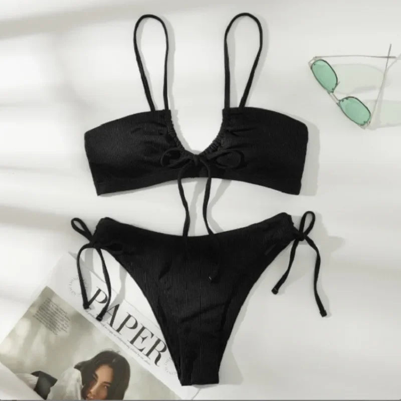 Ribbed Light Green Bralette Bikini with Center Tie Detail