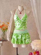 Light Blue Floral Halter Tankini Set with Tiered Ruffle Skirt
