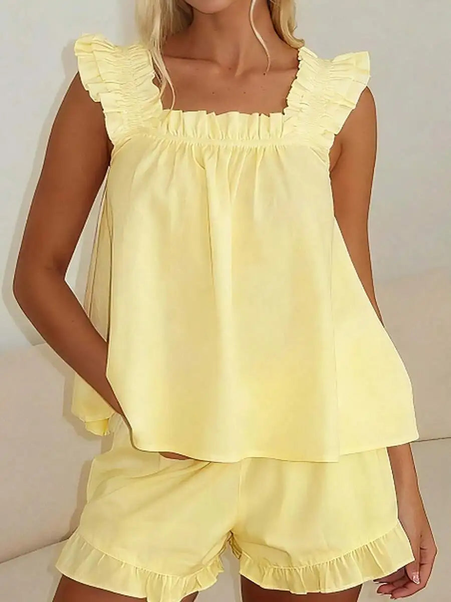 Ruffle Sleeve Tank Top and Shorts Summer Lounge Co-Ord Set for Women
