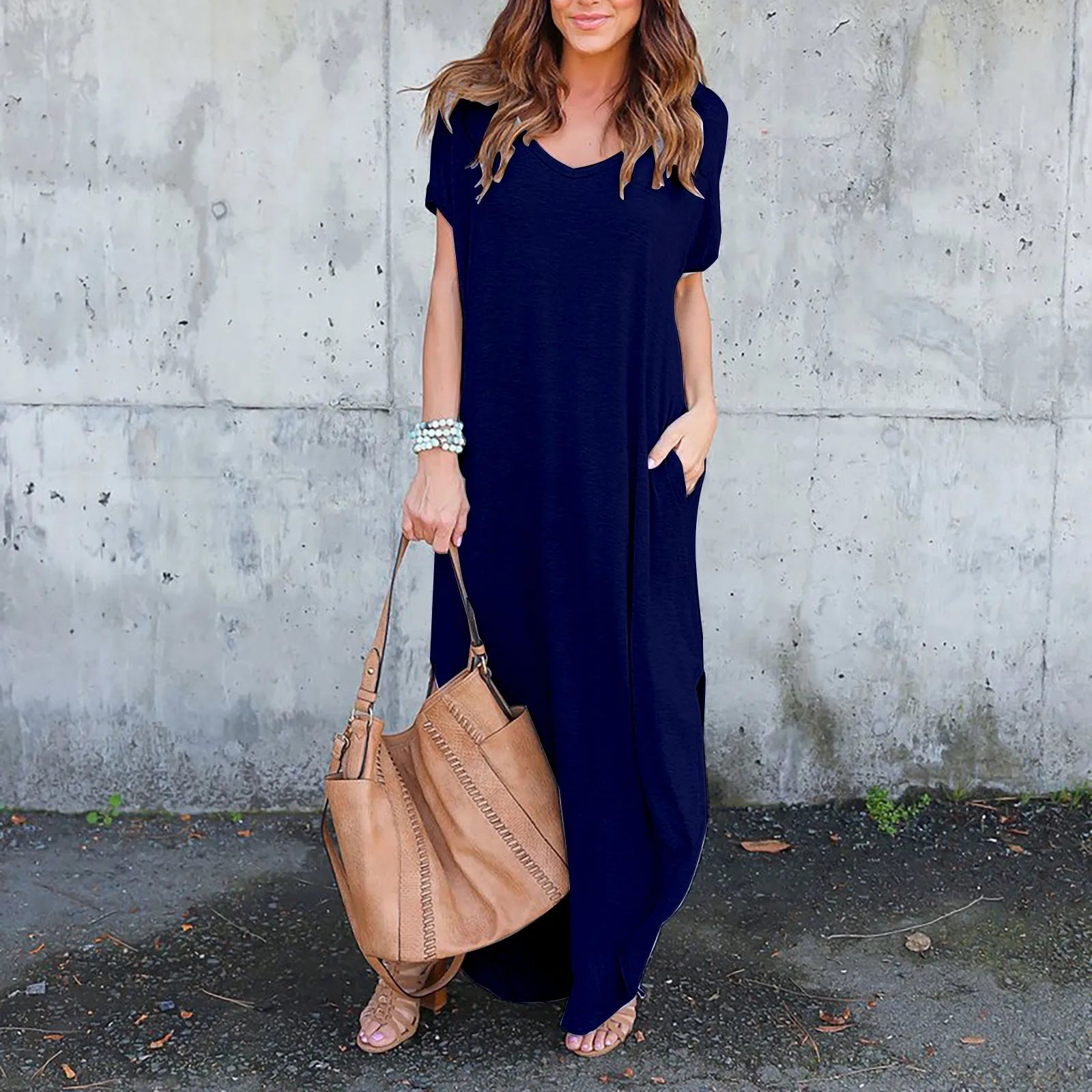 Oversized Short Sleeve Maxi Dress with Side Slit Relaxed Silhouette
