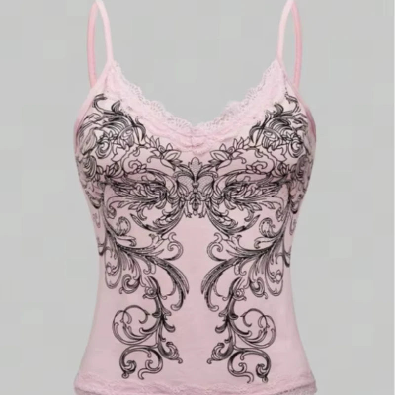 Floral Graphic Lace Camisole Tank Top with Slim Fit Streetwear Inspired Design