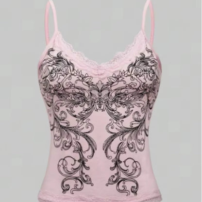 Floral Graphic Lace Camisole Tank Top with Slim Fit Streetwear Inspired Design
