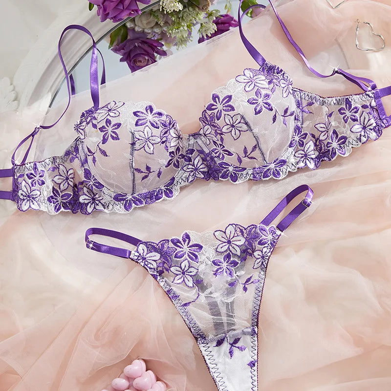 Purple Floral Blossom Embroidered Sheer Underwire Lingerie Set