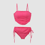 Solid Coral Pink Tankini Set with Ruched Side-Tie Bottom