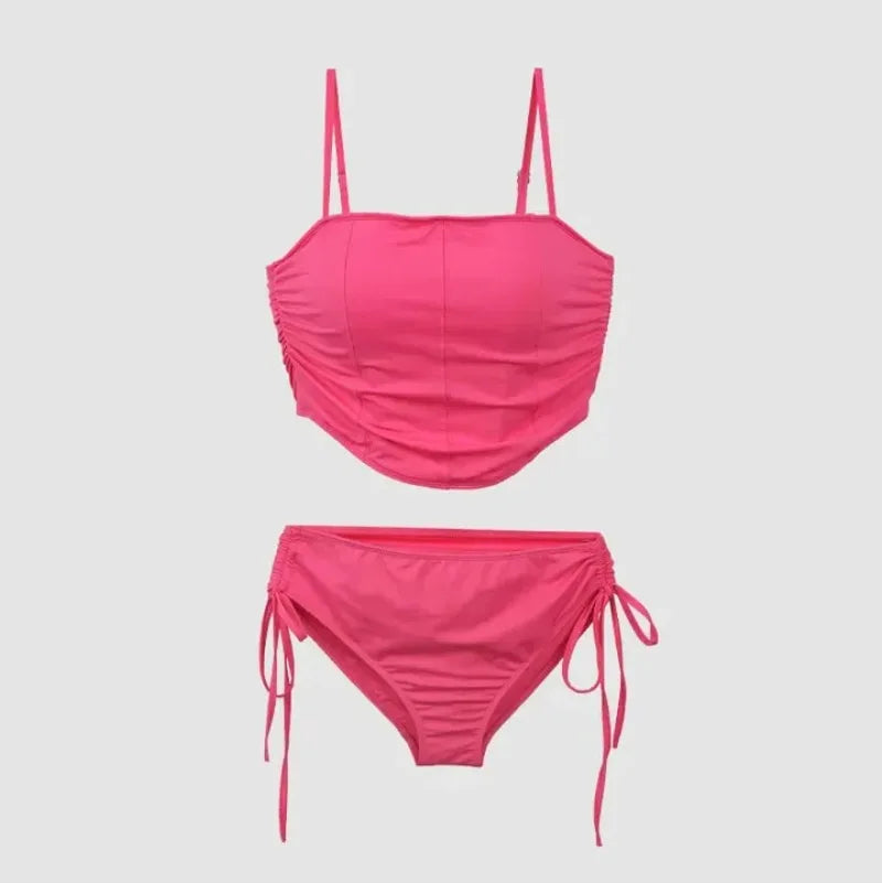 Solid Coral Pink Tankini Set with Ruched Side-Tie Bottom