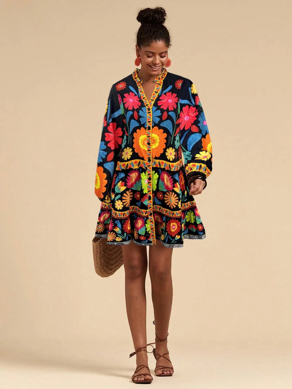 Bohemian Floral Print Lantern Sleeve Smock Mini Dress With Relaxed A-Line Silhouette