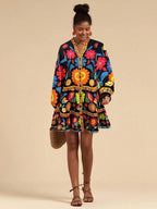 Bohemian Floral Print Lantern Sleeve Smock Mini Dress With Relaxed A-Line Silhouette