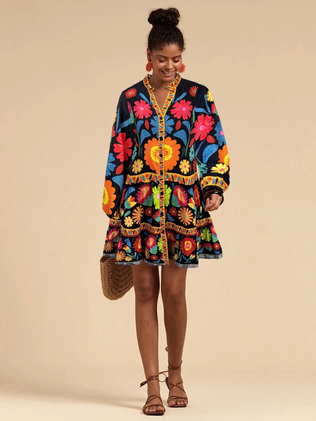 Bohemian Floral Print Lantern Sleeve Smock Mini Dress With Relaxed A-Line Silhouette