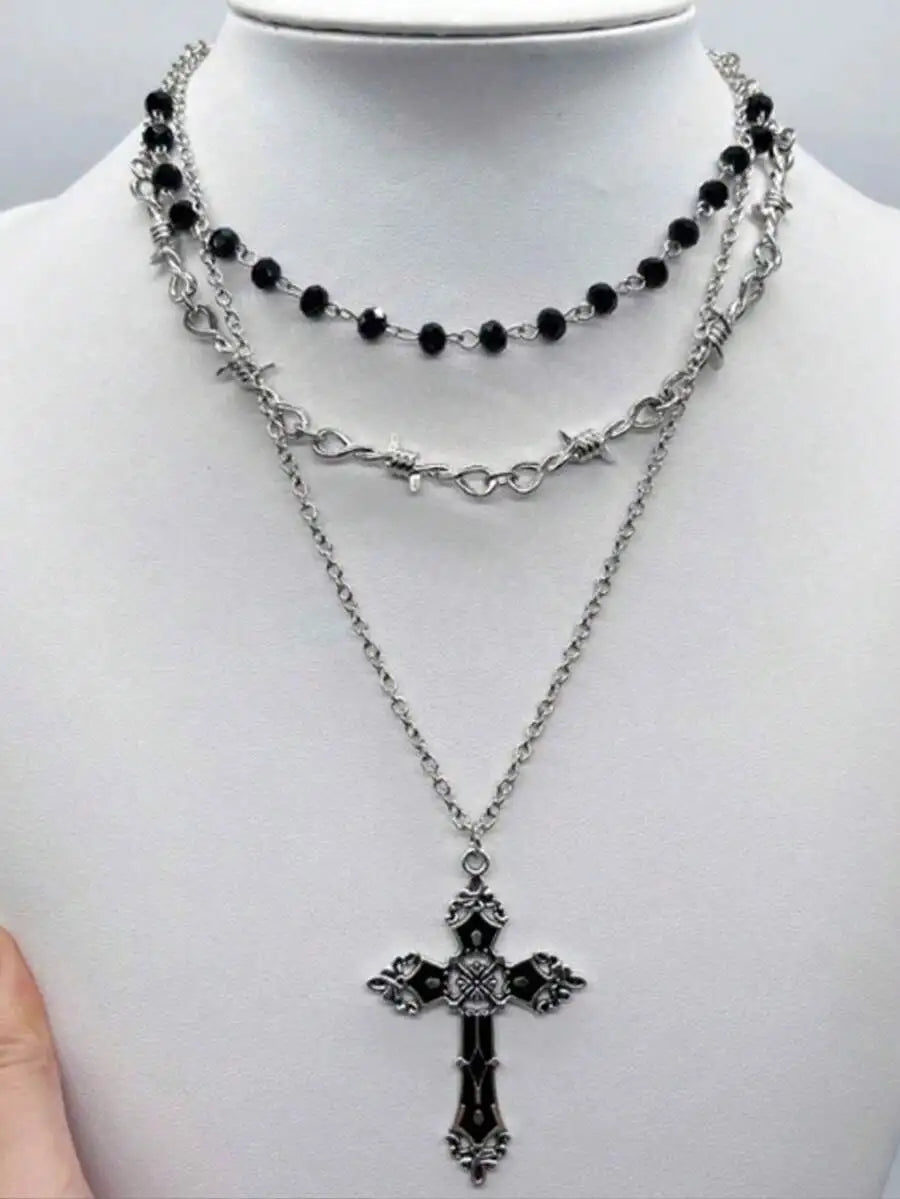 Layered Cross Pendant Necklace Set for Gothic Punk and Alternative Streetwear Fashion Styling