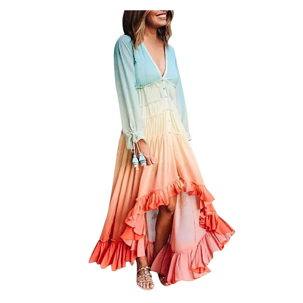 Gradient Bohemian Maxi Dress with V Neck and Tassel Sleeve Details