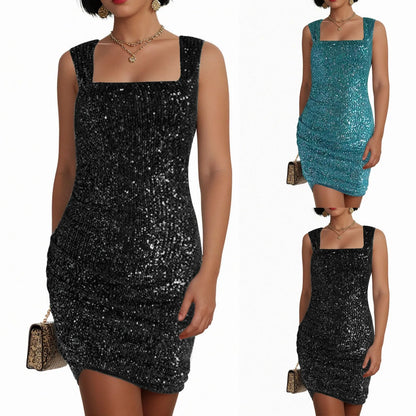 Sparkle Sequin Bodycon Mini Dress with Square Neckline and Sleek Party Fit