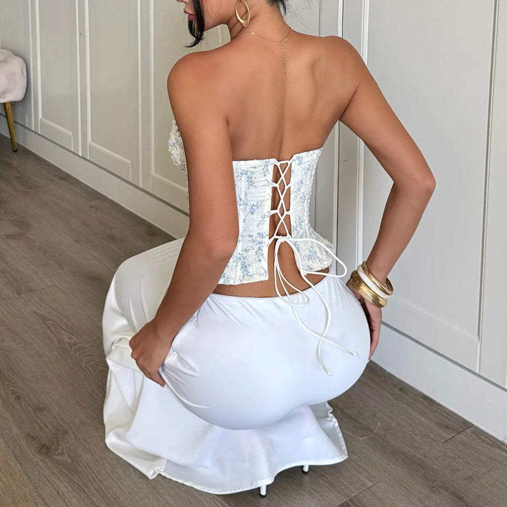Delicate Blue and White Floral Strapless Corset with Scalloped Lace Trim