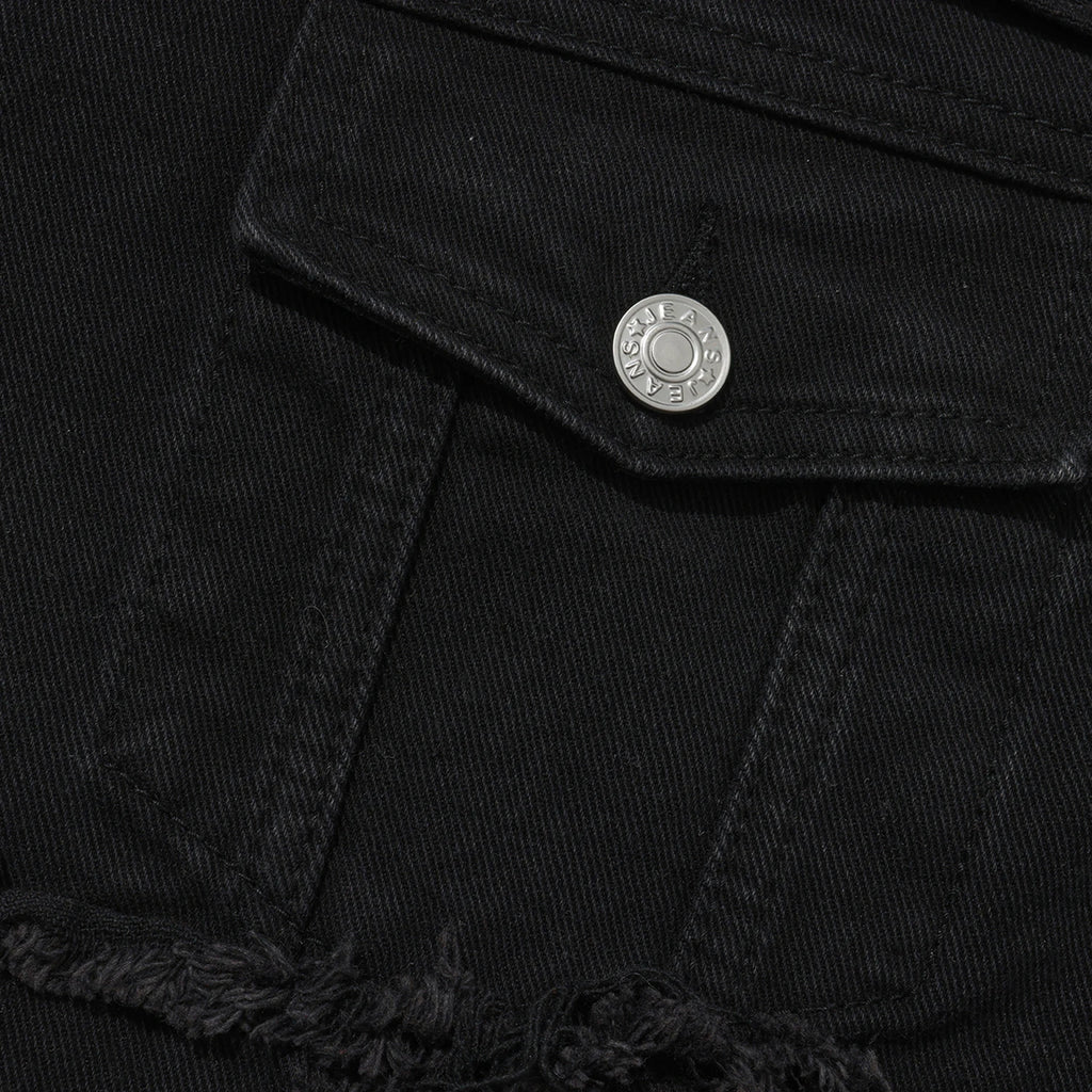Men's Distressed Denim Jacket with Layered Patchwork Streetwear Design