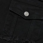 Men's Distressed Denim Jacket with Layered Patchwork Streetwear Design