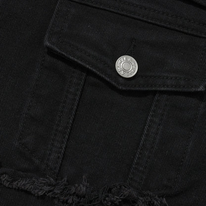 Men's Distressed Denim Jacket with Layered Patchwork Streetwear Design