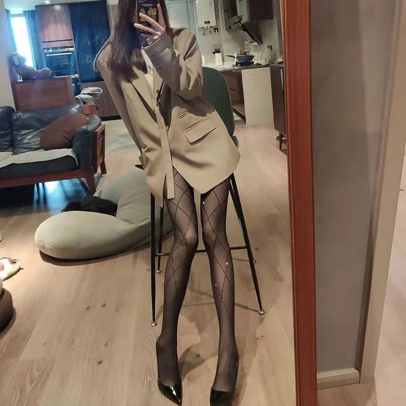 Rhinestone Fishnet Thigh High Tights Sparkling Mesh Alternative Legwear