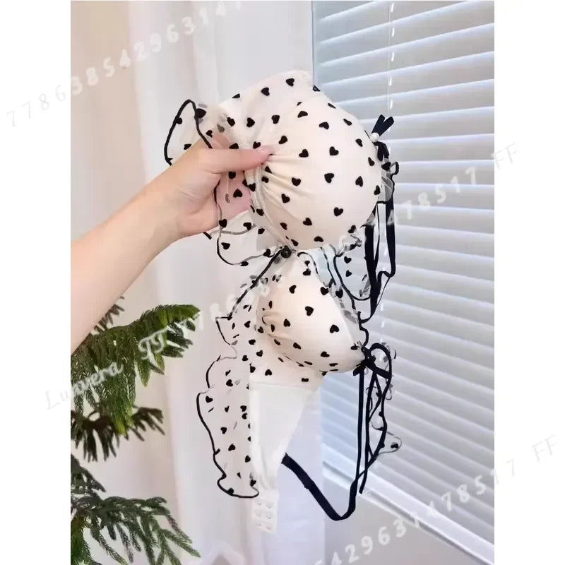 Vintage Polka Dot Tulle Ruffled Push-Up Bra and Matching Frilled Low-Rise Panty Set